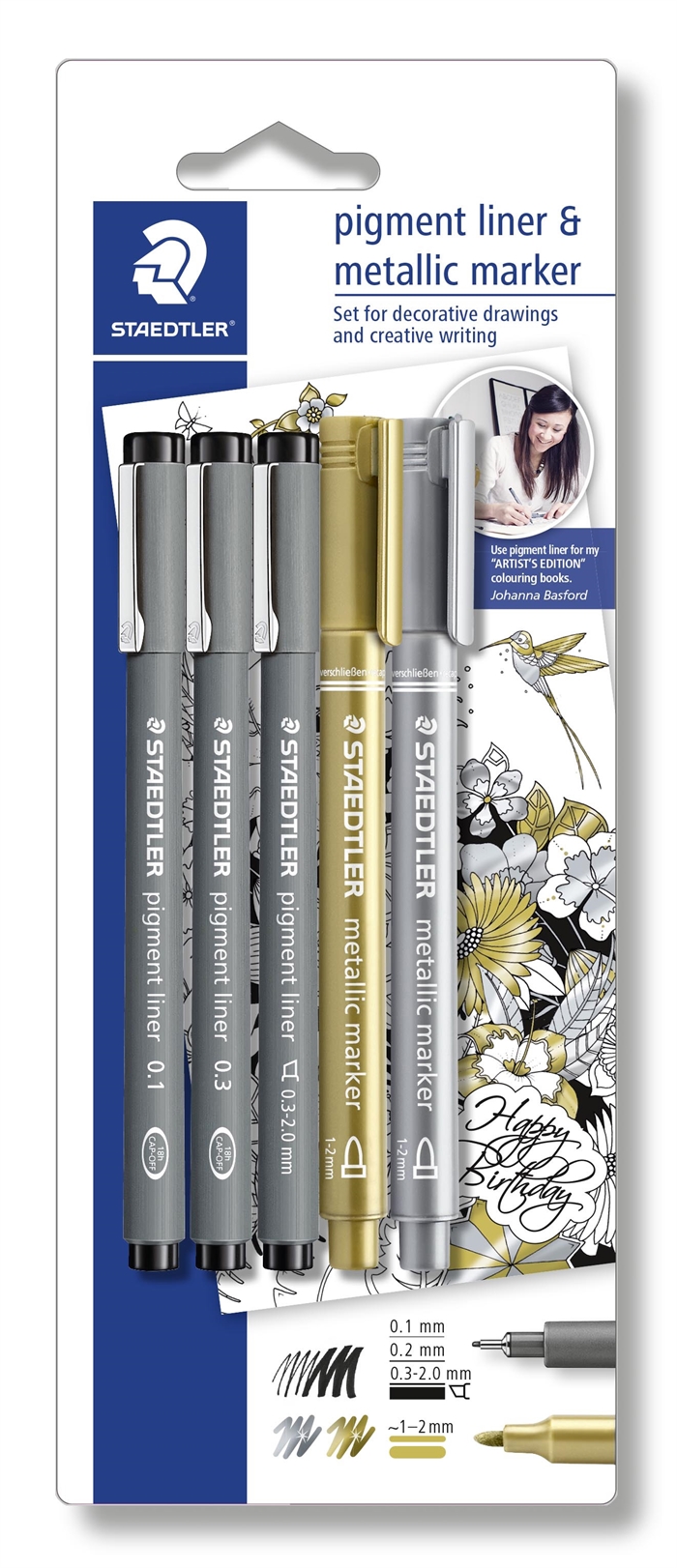 Staedtler Fineliner pigment liner černá + stříbro a zlato (3+2)