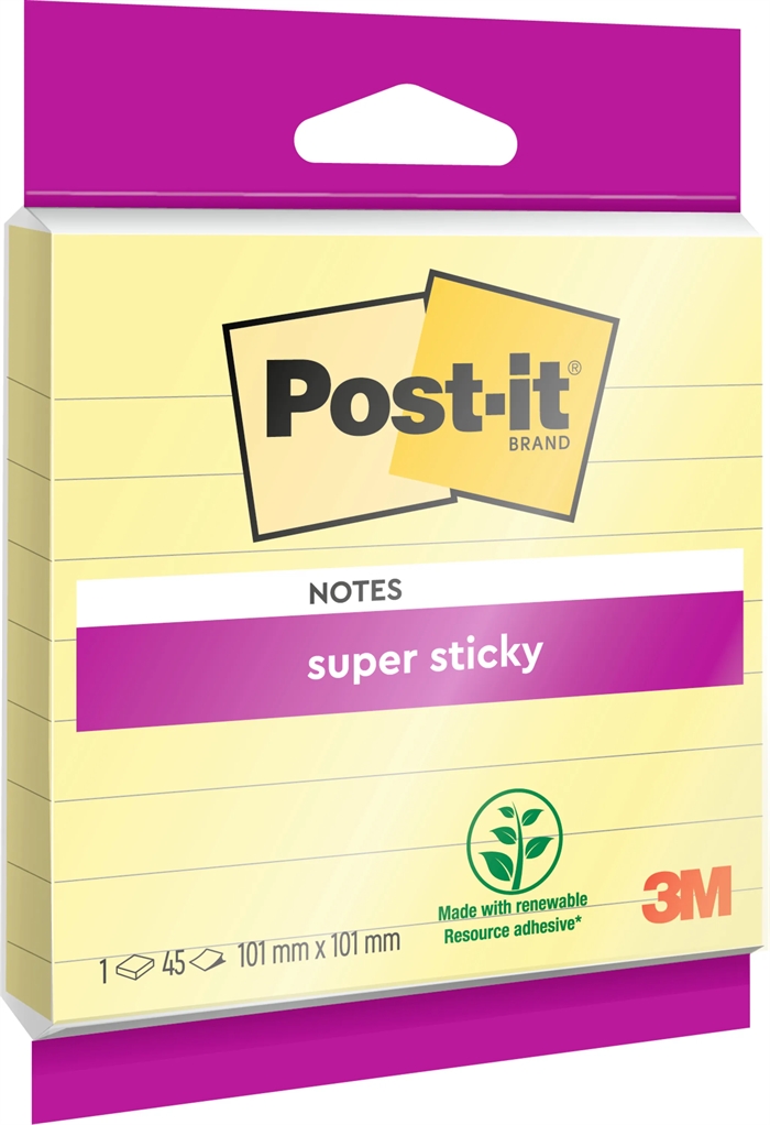 3M Post-it poznámkové bloky super lepicí Canary Yellow, linkované, 101 x 101 mm, 45 archů.