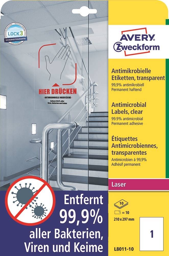 Avery Antimikrobiální samolepky 210 x 297 průhledné mm, 10 ks.